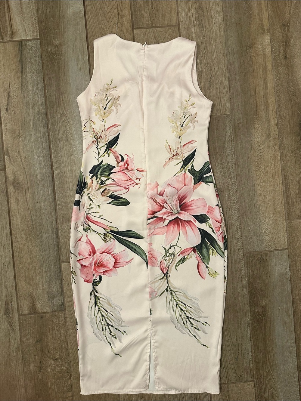Cream Sleeveless Midi Dress with Pink Floral Print
